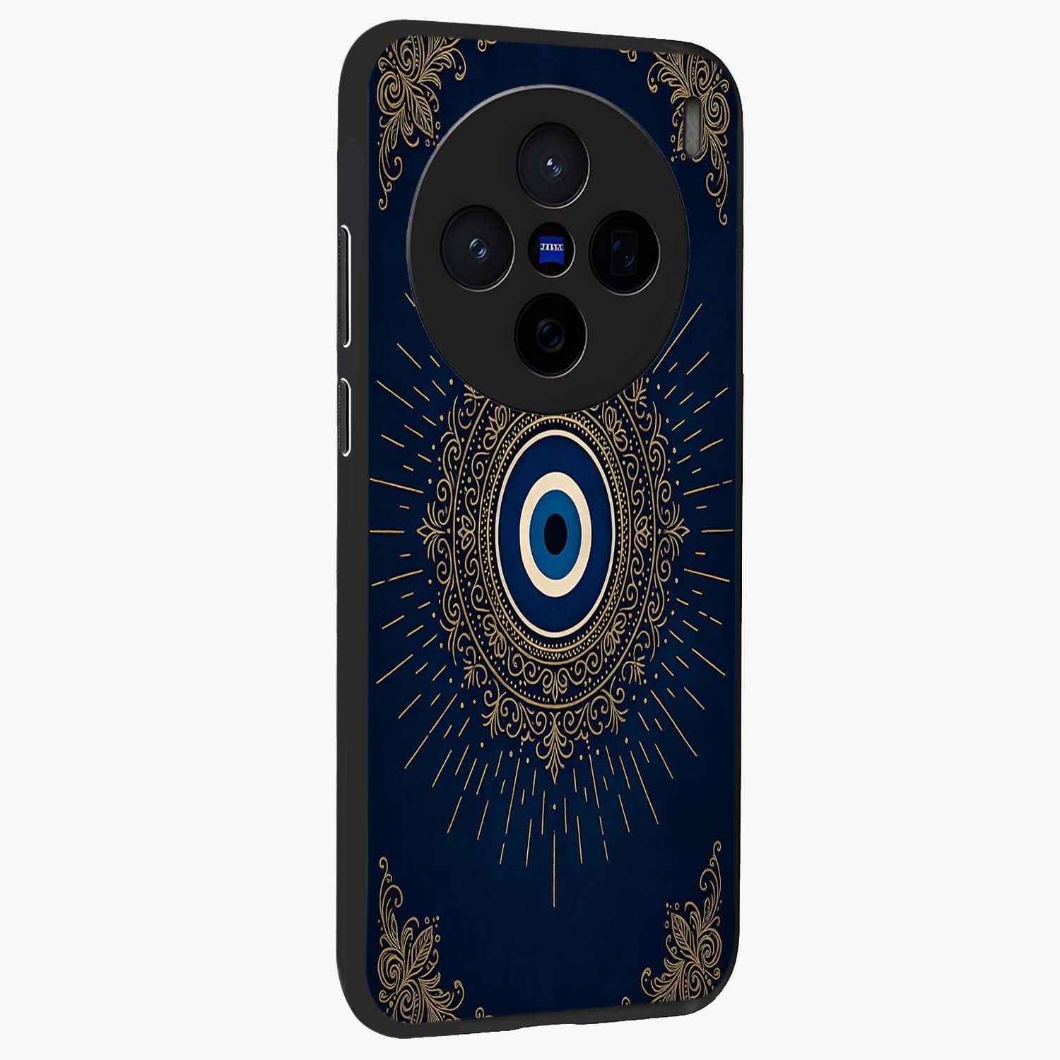 Golden Celestial Charm Glass Case upright view showcasing radiant celestial artwork with elegant golden theme.