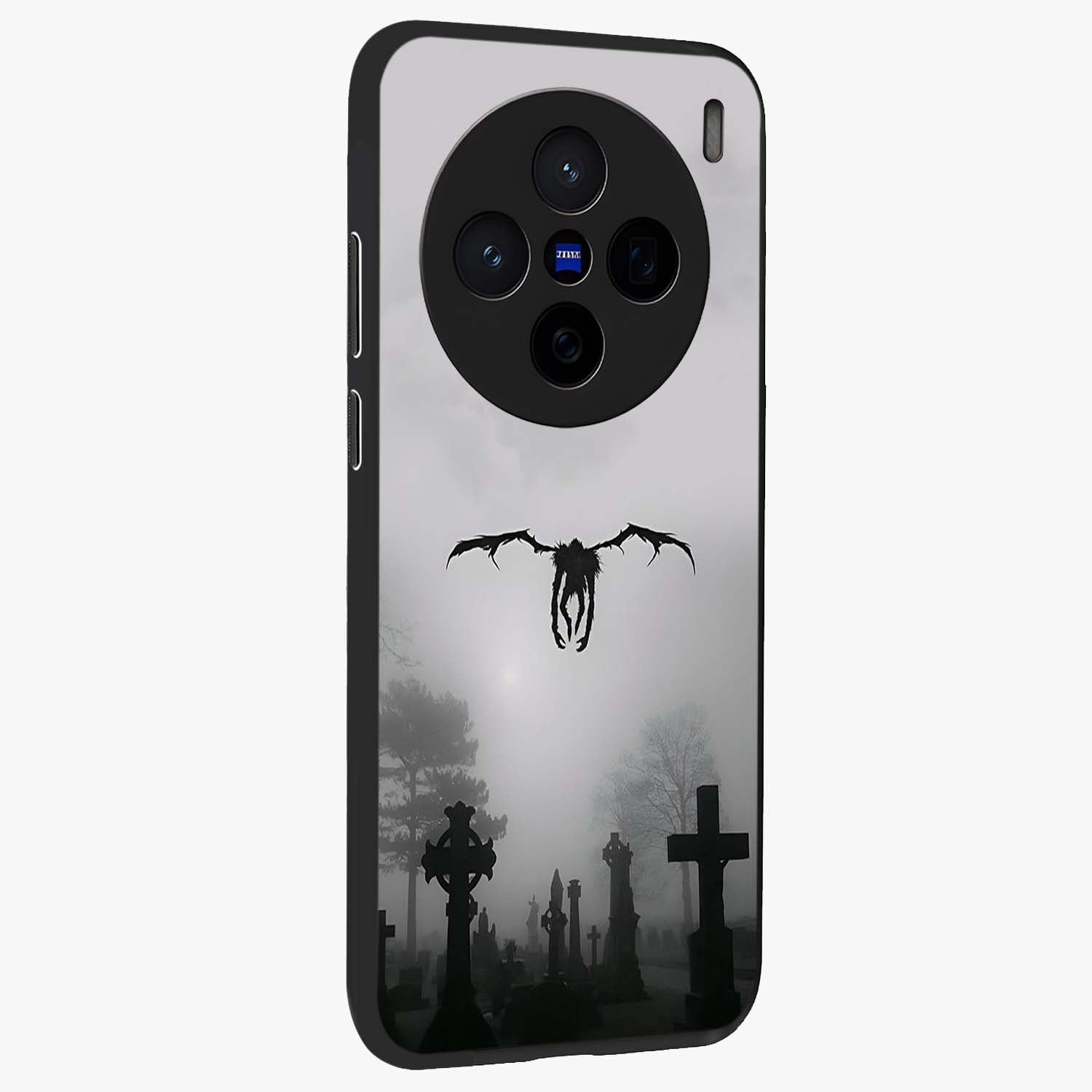 Graveyard Shadow Descent Glass Case upright view showcasing haunting graveyard artwork with dramatic dark theme.