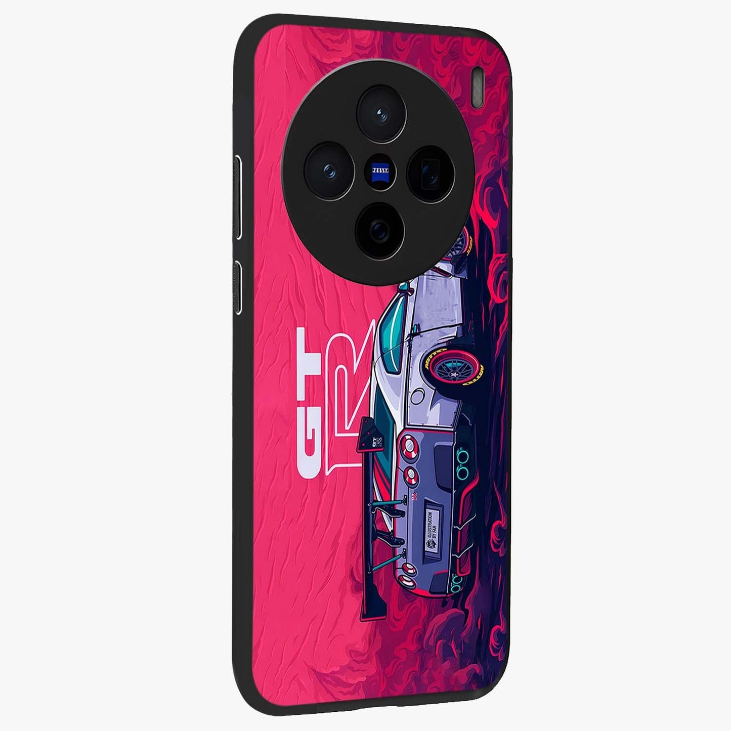 GT-R Car Pattern Glass Case upright view showcasing dynamic car pattern artwork with modern sports theme.