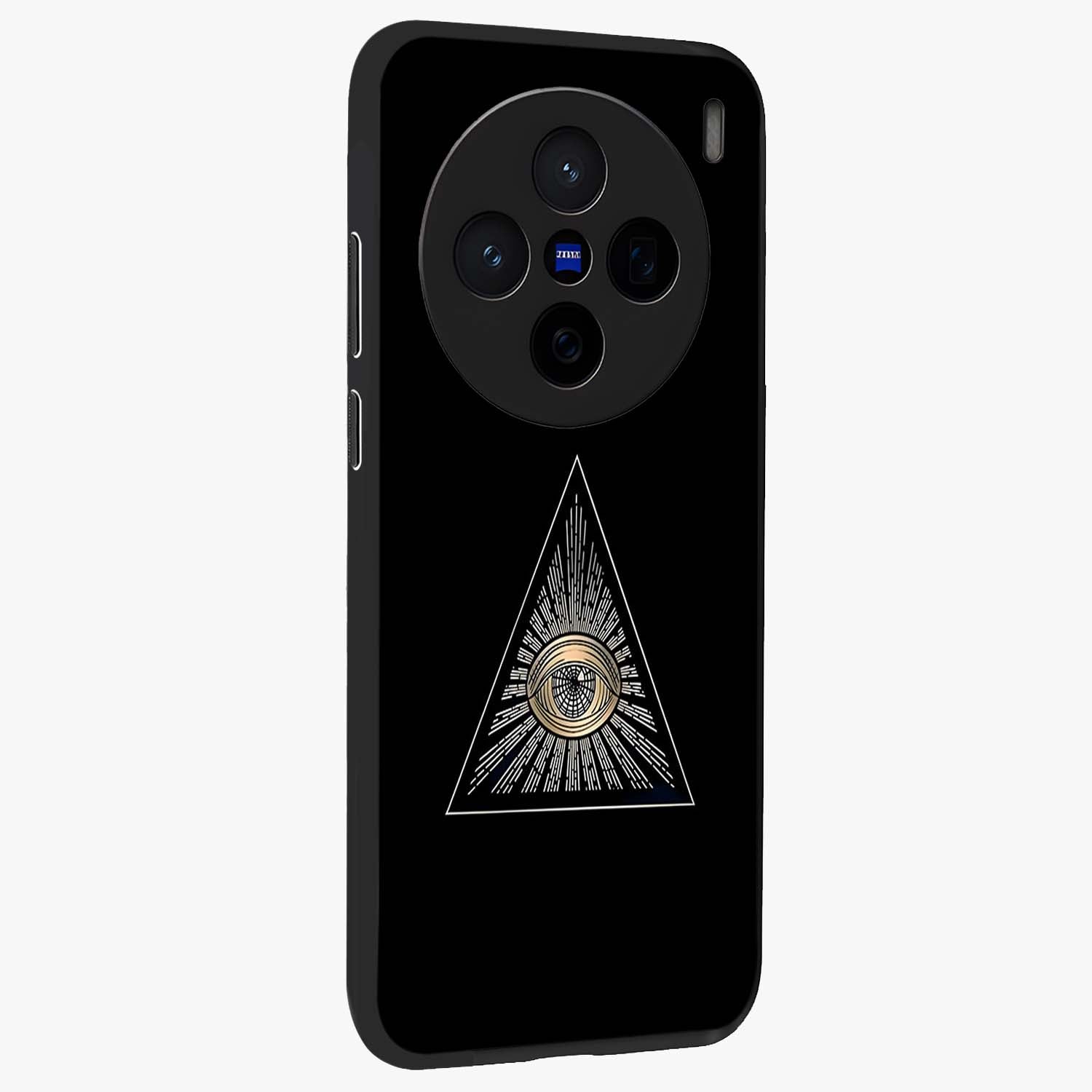 Illuminati Evil Glass Case upright view showcasing striking illuminati artwork with mysterious symbolic theme.
