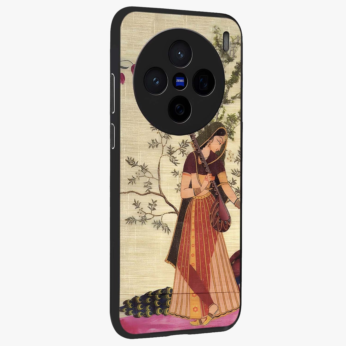 Lady With Veena Art Glass Case upright view showcasing classical veena artwork with traditional artistic theme.