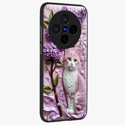 Lavender Cat Whimsy Glass Case upright view showcasing charming cat artwork with whimsical lavender theme.