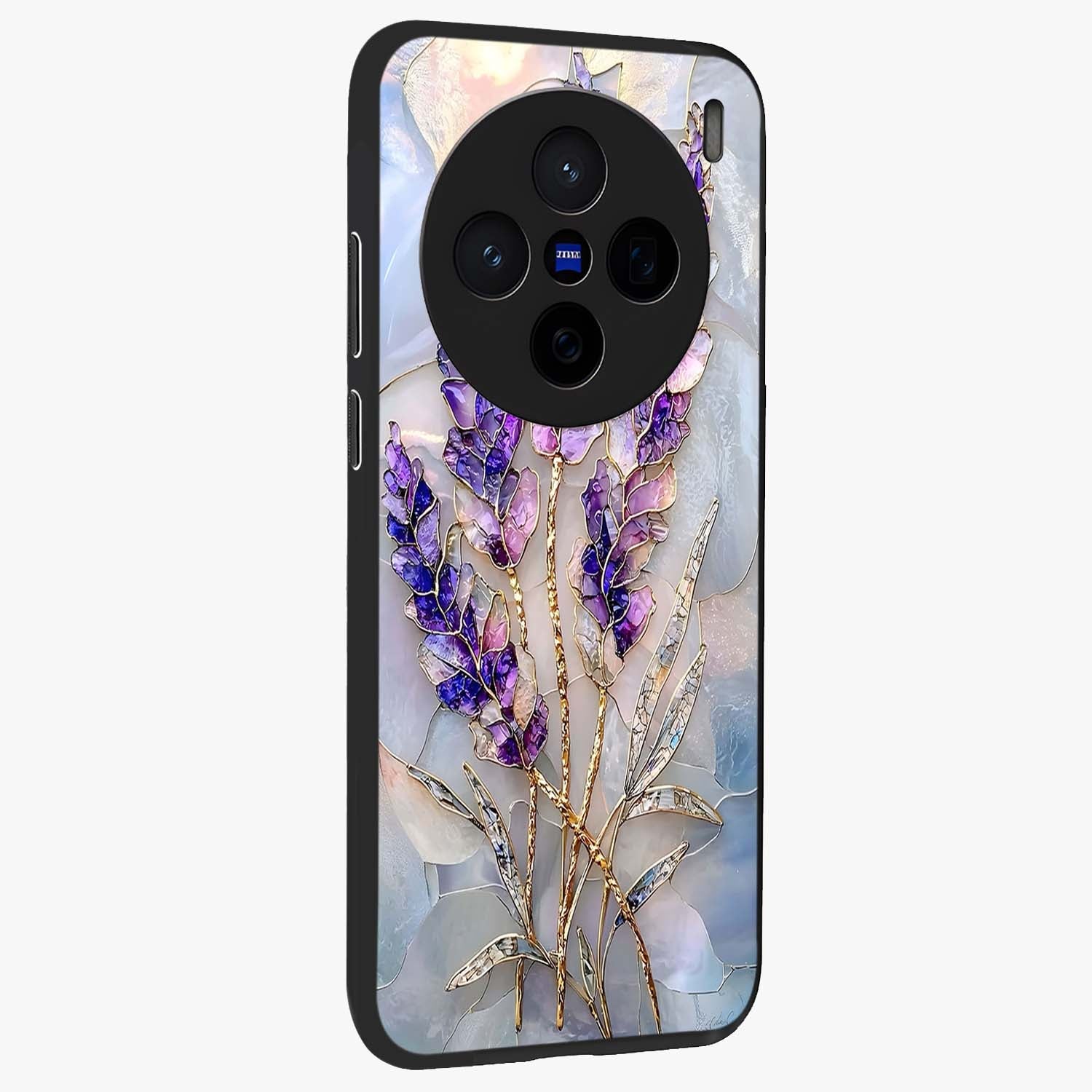 Lavender Dream Glow Glass Case upright view showcasing radiant lavender glow artwork with calming dreamy theme.
