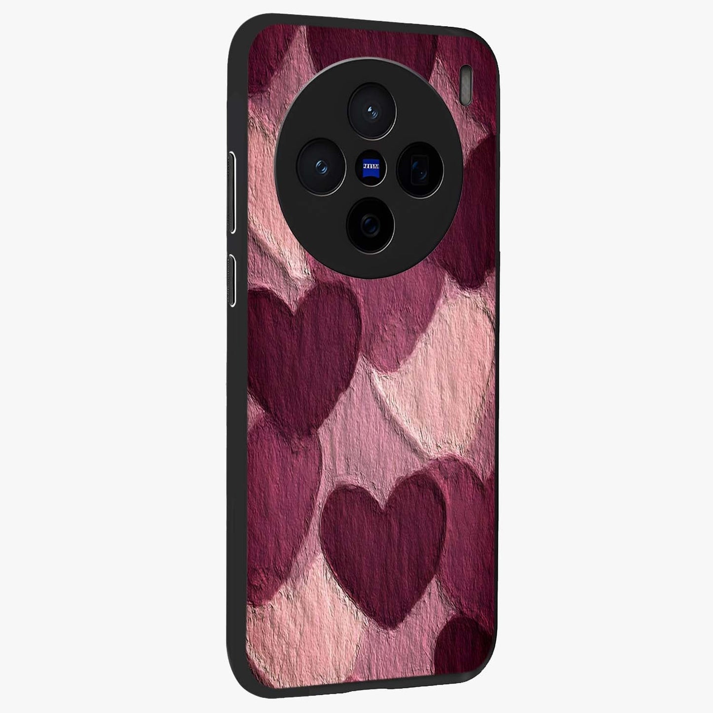 Layered Paper Hearts Glass Case upright view showcasing decorative layered heart artwork with sweet love theme.