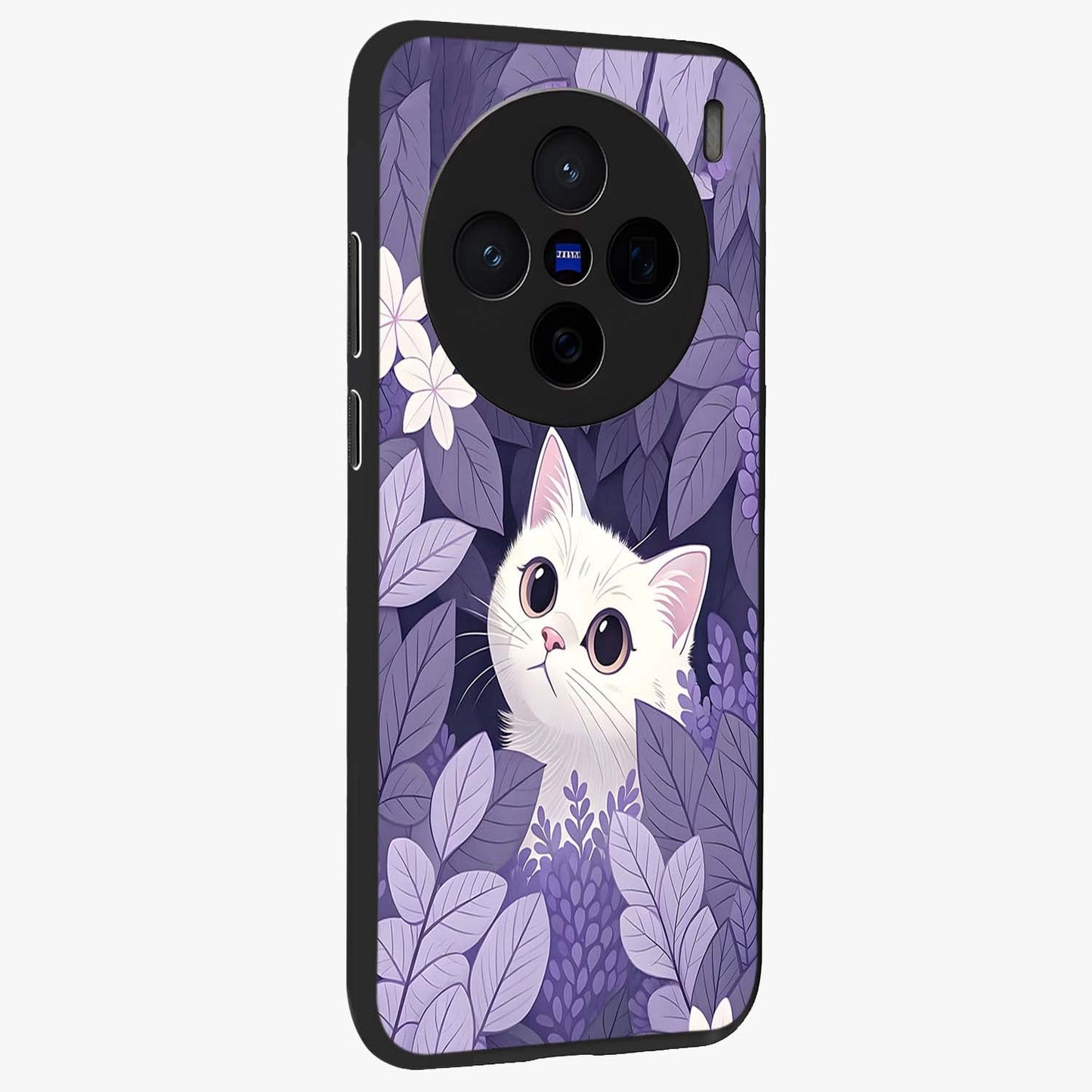 Lilac Hide Peek Cat Glass Case upright view showcasing charming cat artwork with adorable peek theme.