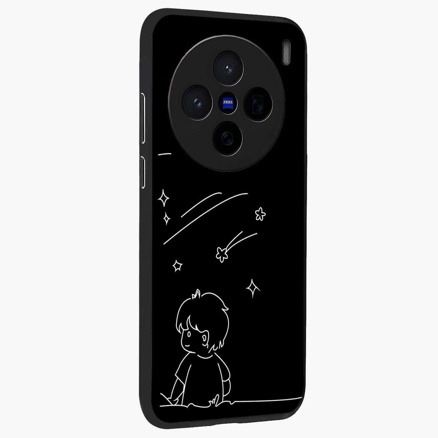 Line Art Boy With Shooting Stars Glass Case upright view showcasing artistic shooting star illustration with minimal style.