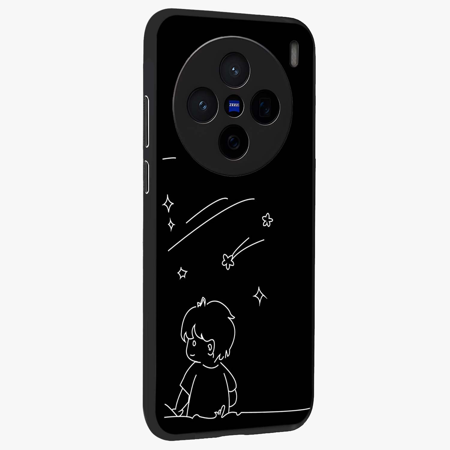 Line Art Boy With Shooting Stars Glass Case upright view showcasing artistic shooting star illustration with minimal style.