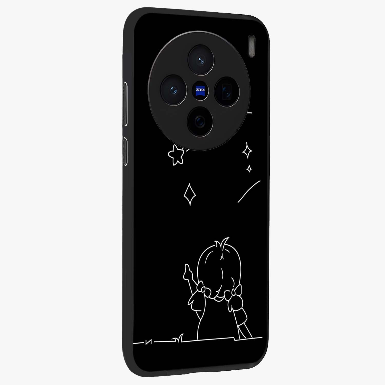 Line Art Girl With Shooting Stars Glass Case upright view showcasing delicate shooting stars artwork with minimal artistic theme.