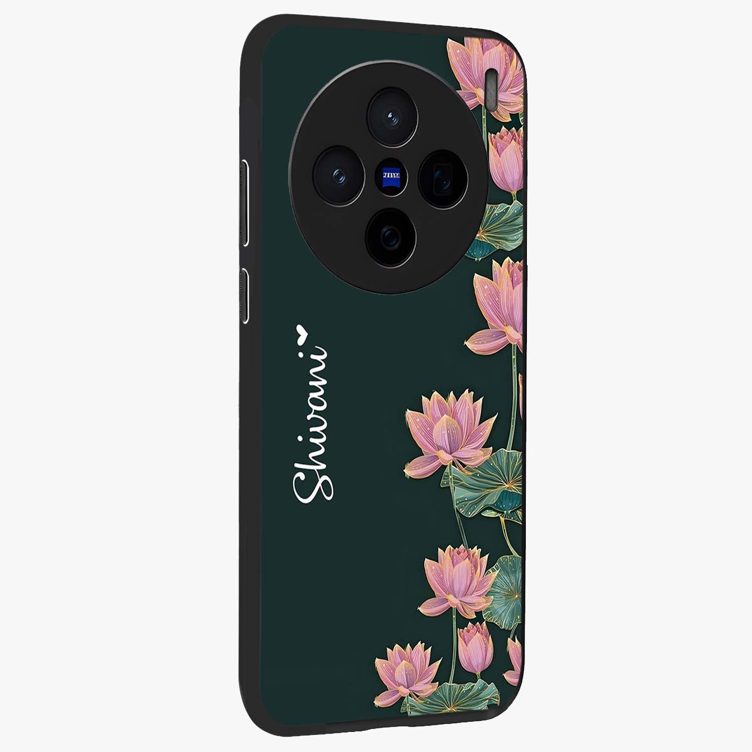 Lotus Bloom Serenity Custom Name Glass Case upright view showcasing serene lotus bloom artwork with personalized floral aesthetic.