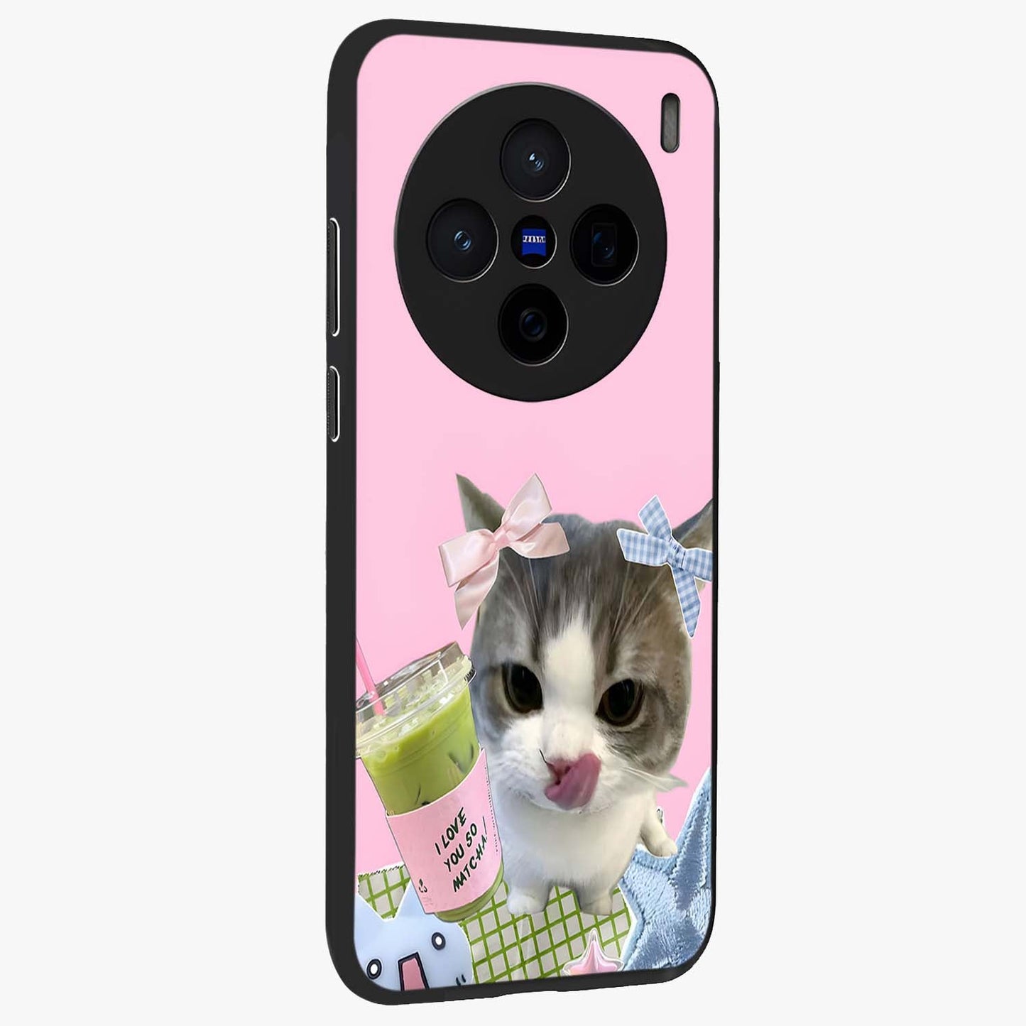 Love Matcha Cat Glass Case upright view showcasing adorable cat artwork with charming matcha themed design.
