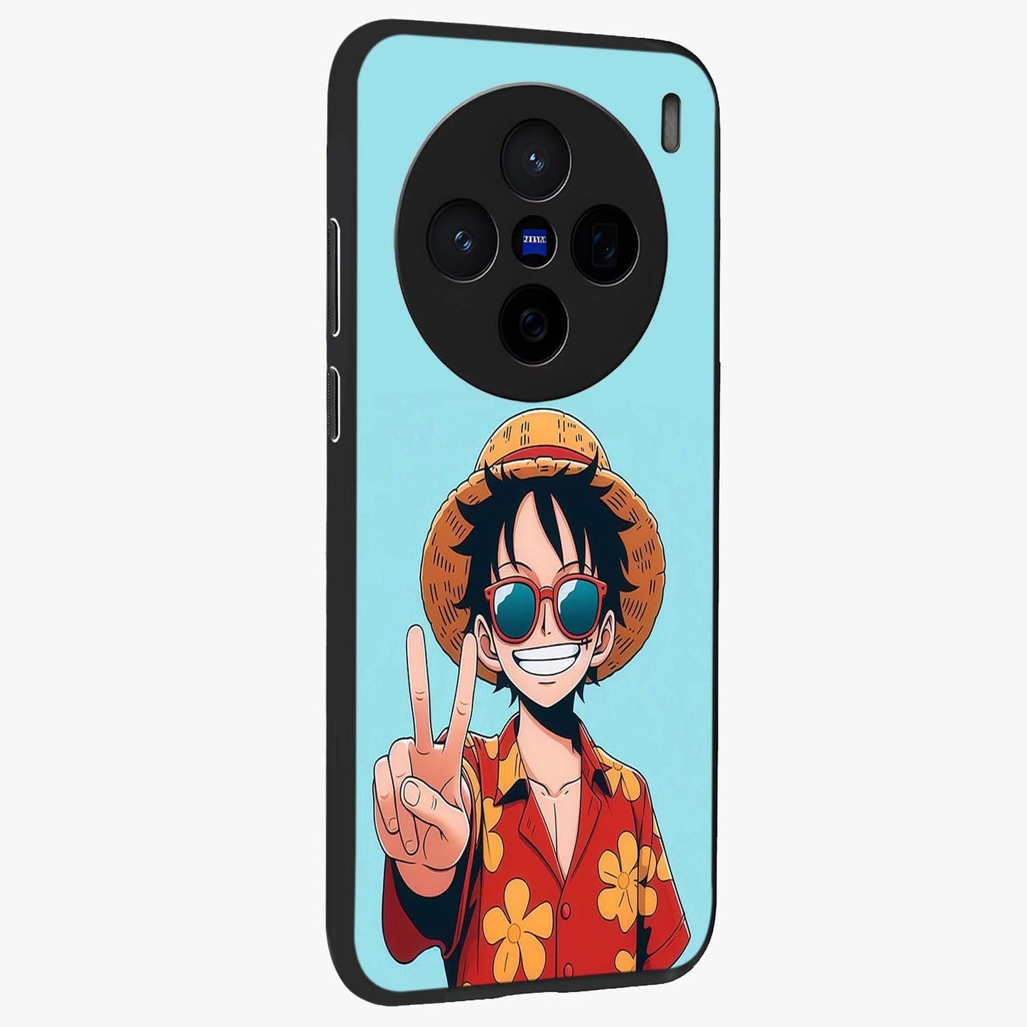 Luffy Summer Anime Vibe Glass Case upright view showcasing dynamic anime artwork with bright adventurous theme.
