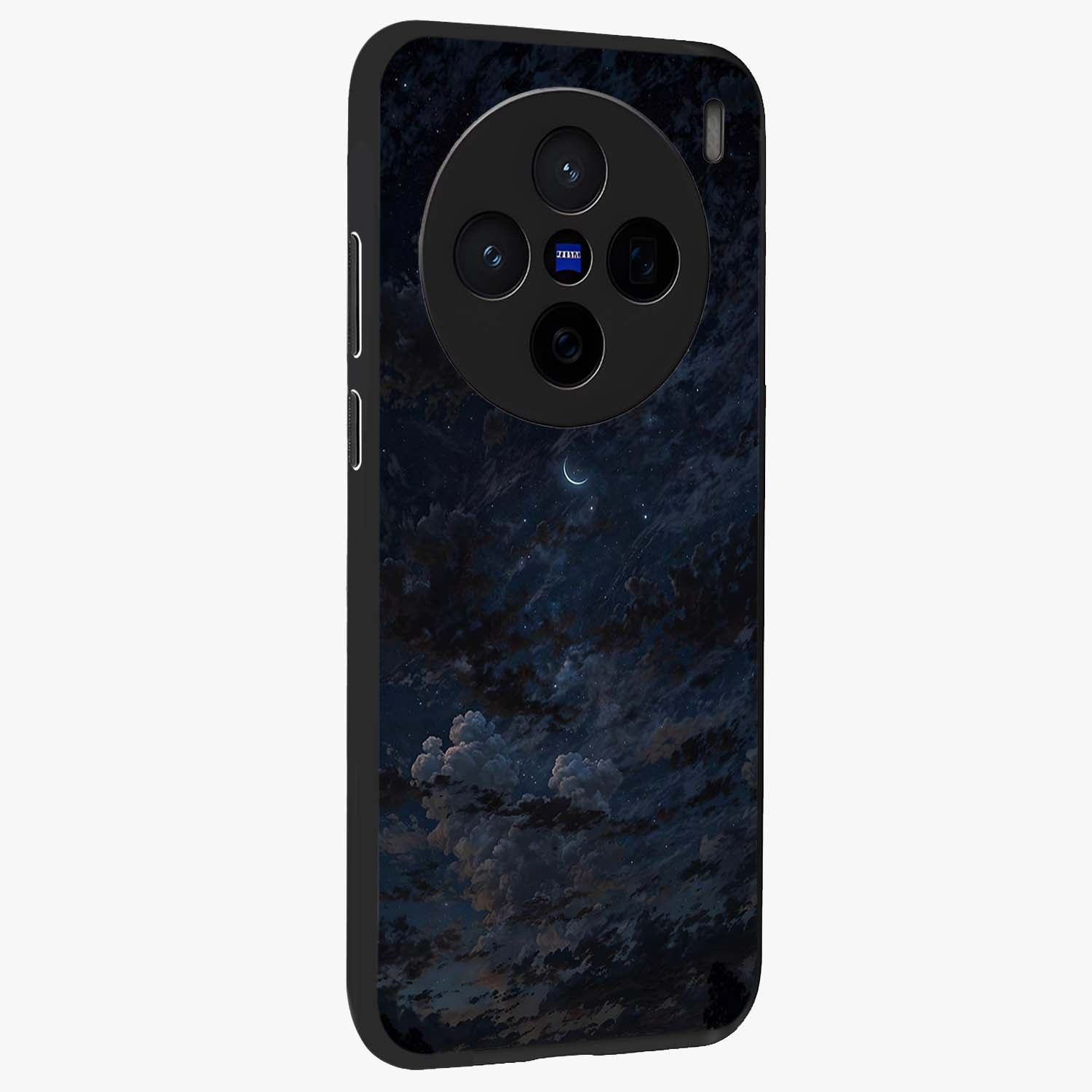 Lunar Veil Silence Glass Case upright view showcasing calm moon themed artwork with serene night atmosphere.