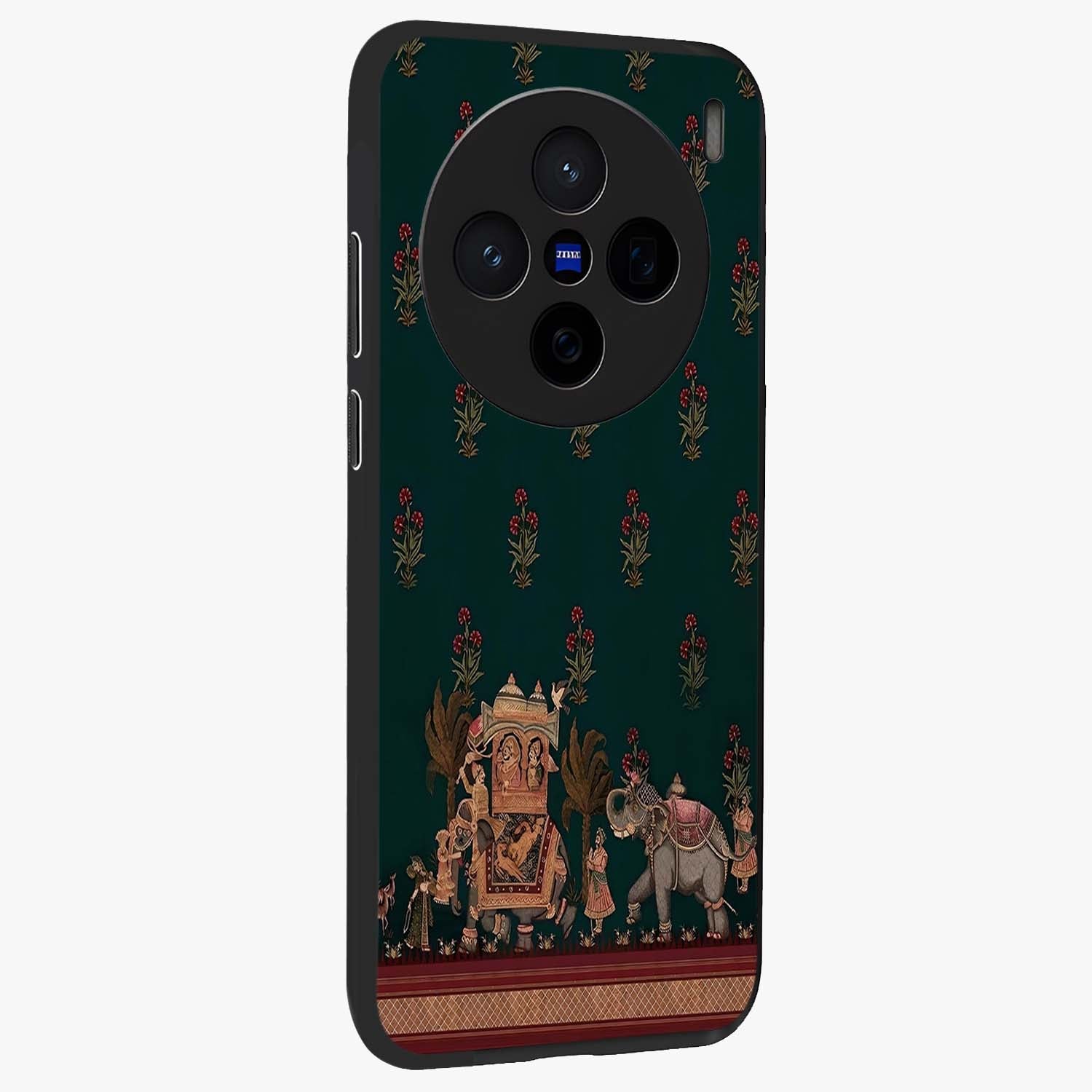 Macmerise Glass Case upright view showcasing bold artistic artwork with contemporary design theme.