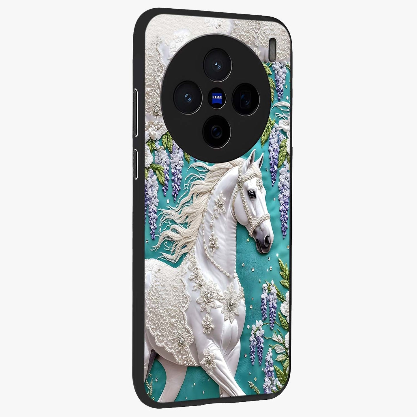 Majestic Floral Stallion Glass Case upright view showcasing dramatic horse artwork with decorative floral theme.