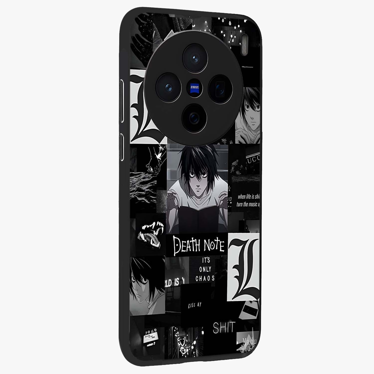 Midnight Chaos Mind Glass Case upright view showcasing expressive abstract artwork with bold dark theme.