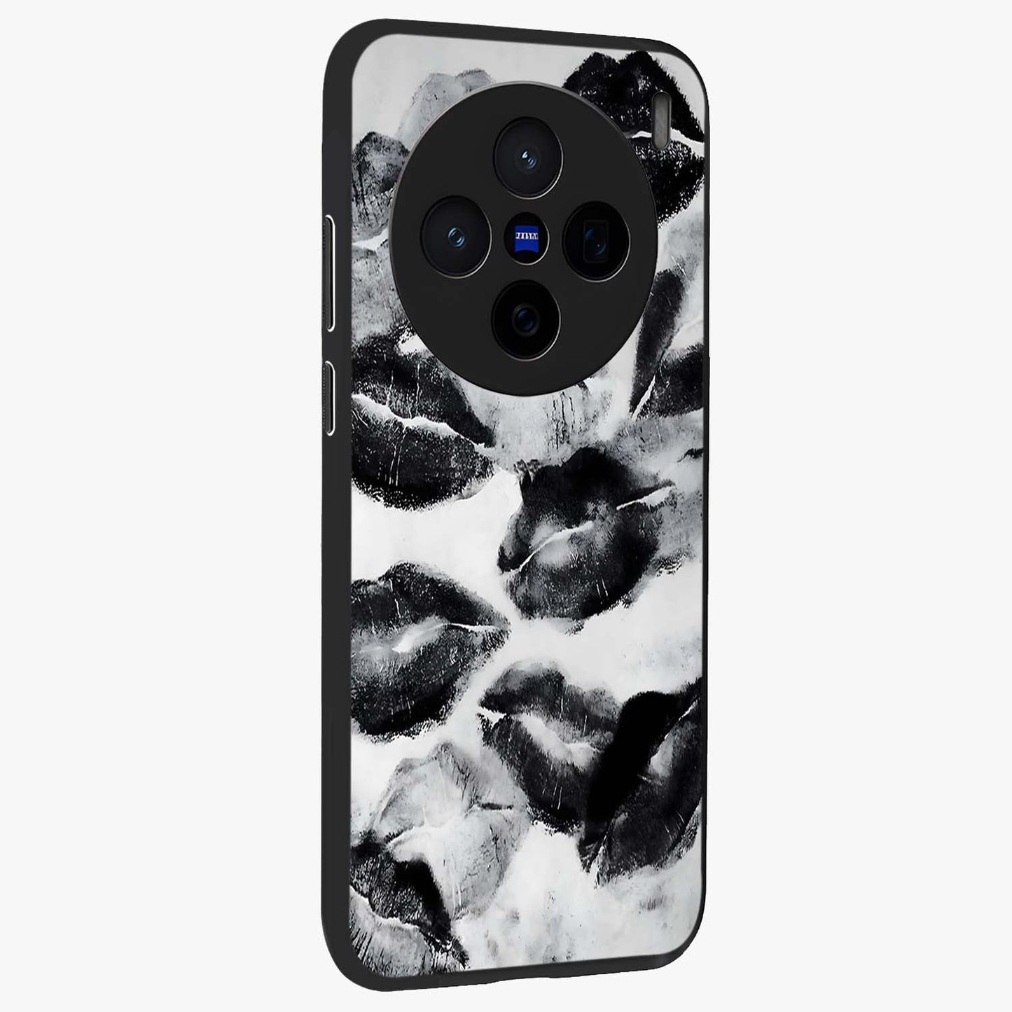 Midnight Kiss Marks Glass Case upright view showcasing stylish kiss mark artwork with trendy romantic theme.