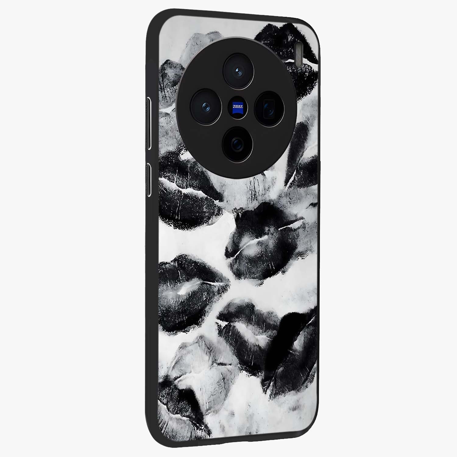 Midnight Kiss Marks Glass Case upright view showcasing stylish kiss mark artwork with trendy romantic theme.