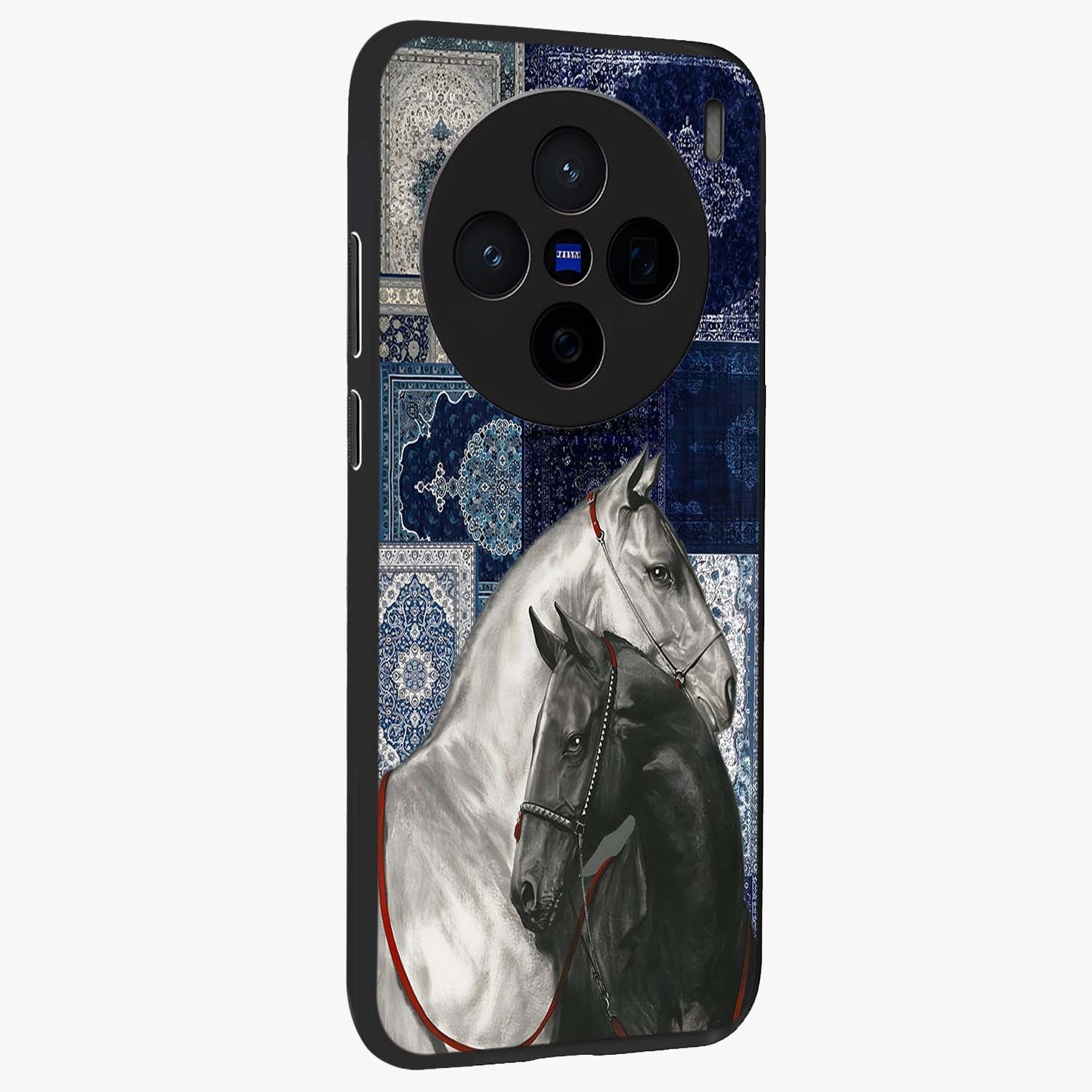 Midnight Stallion Blues Glass Case upright view showcasing dramatic horse artwork with bold artistic theme.