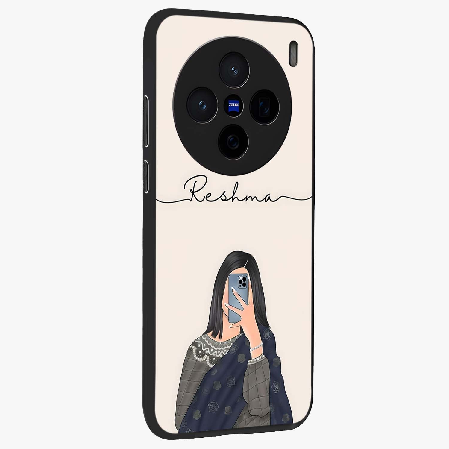 Mirror Mood Muse With Custom Name Glass Case upright view showcasing artistic mirror themed artwork with personalized aesthetic.