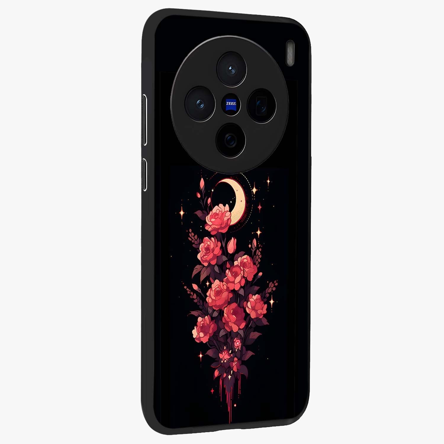 Moonlit Floral Elegance Glass Case upright view showcasing delicate floral artwork with refined night inspired theme.