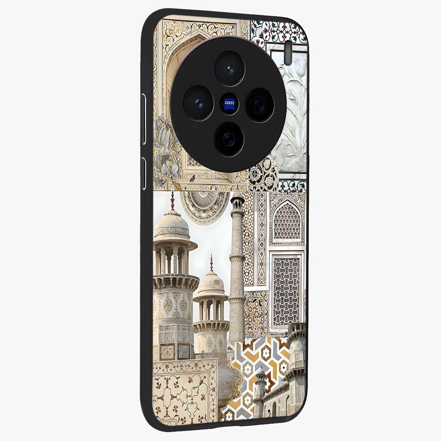 Mughal Marble Legacy Glass Case upright view showcasing ornate Mughal design with luxurious traditional theme.