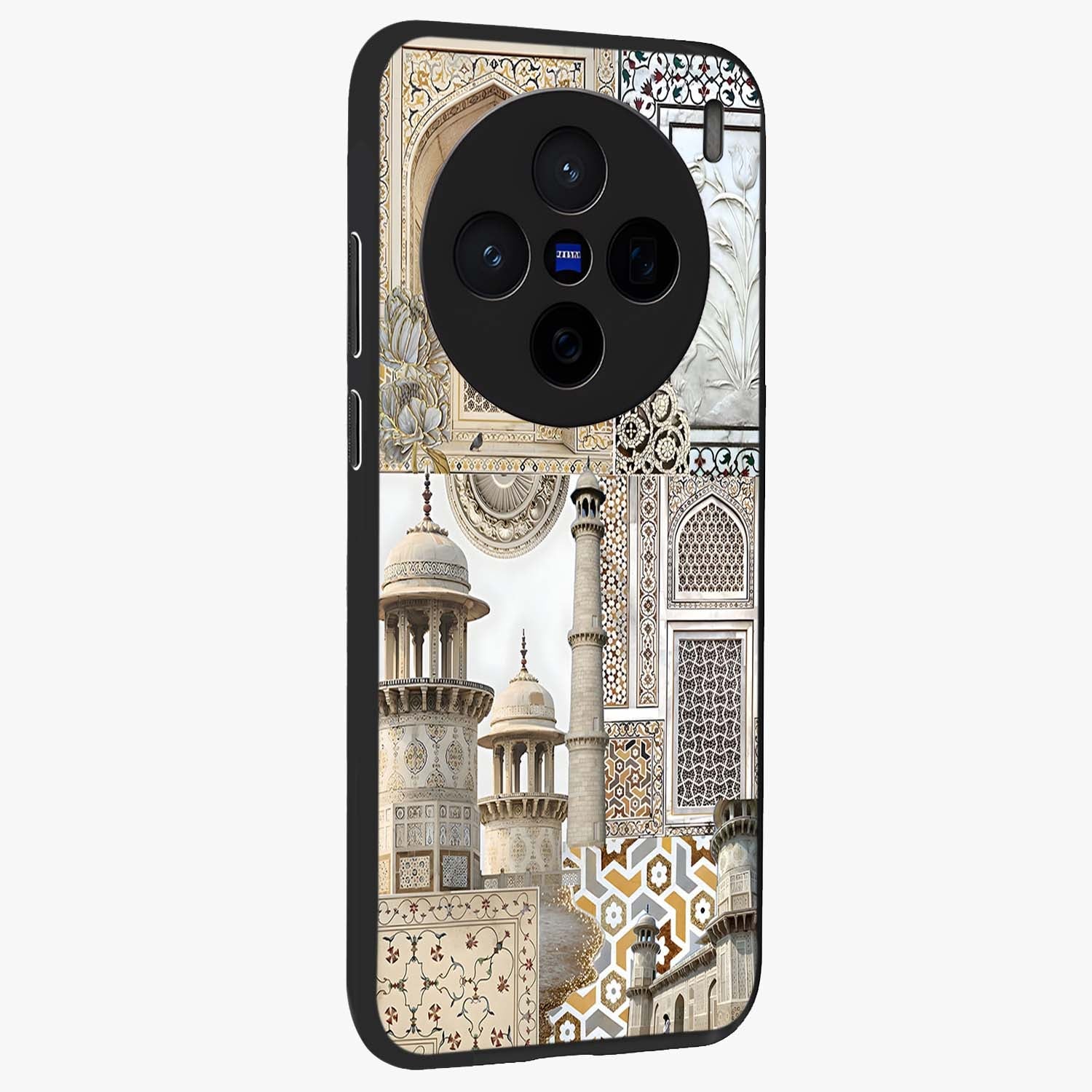 Mughal Marble Legacy Glass Case upright view showcasing ornate Mughal design with luxurious traditional theme.