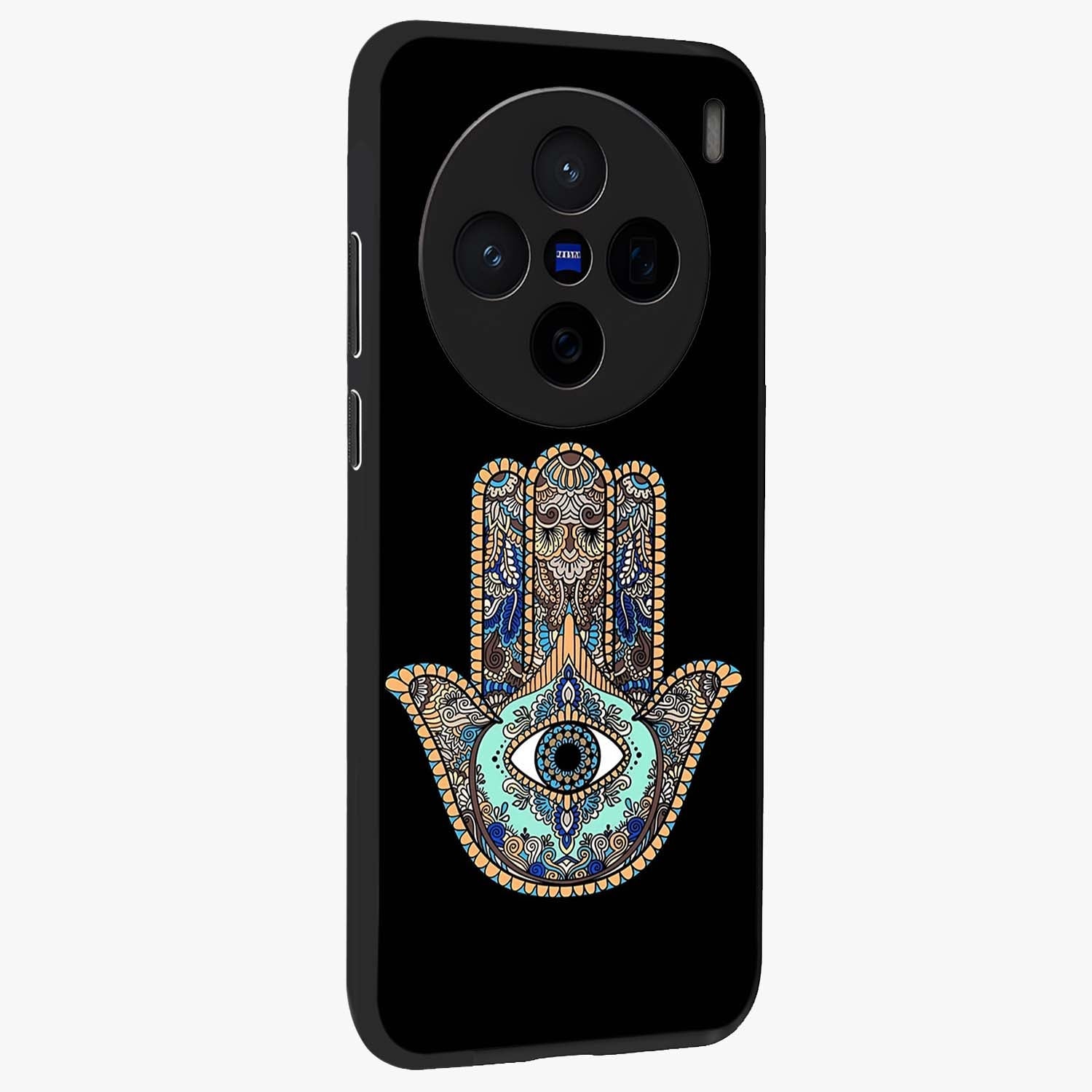 Mystic Hamsa Eye Glass Case upright view showcasing detailed hamsa eye artwork with protective spiritual theme.