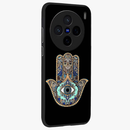 Mystic Hamsa Eye Glass Case upright view showcasing detailed hamsa eye artwork with protective spiritual theme.