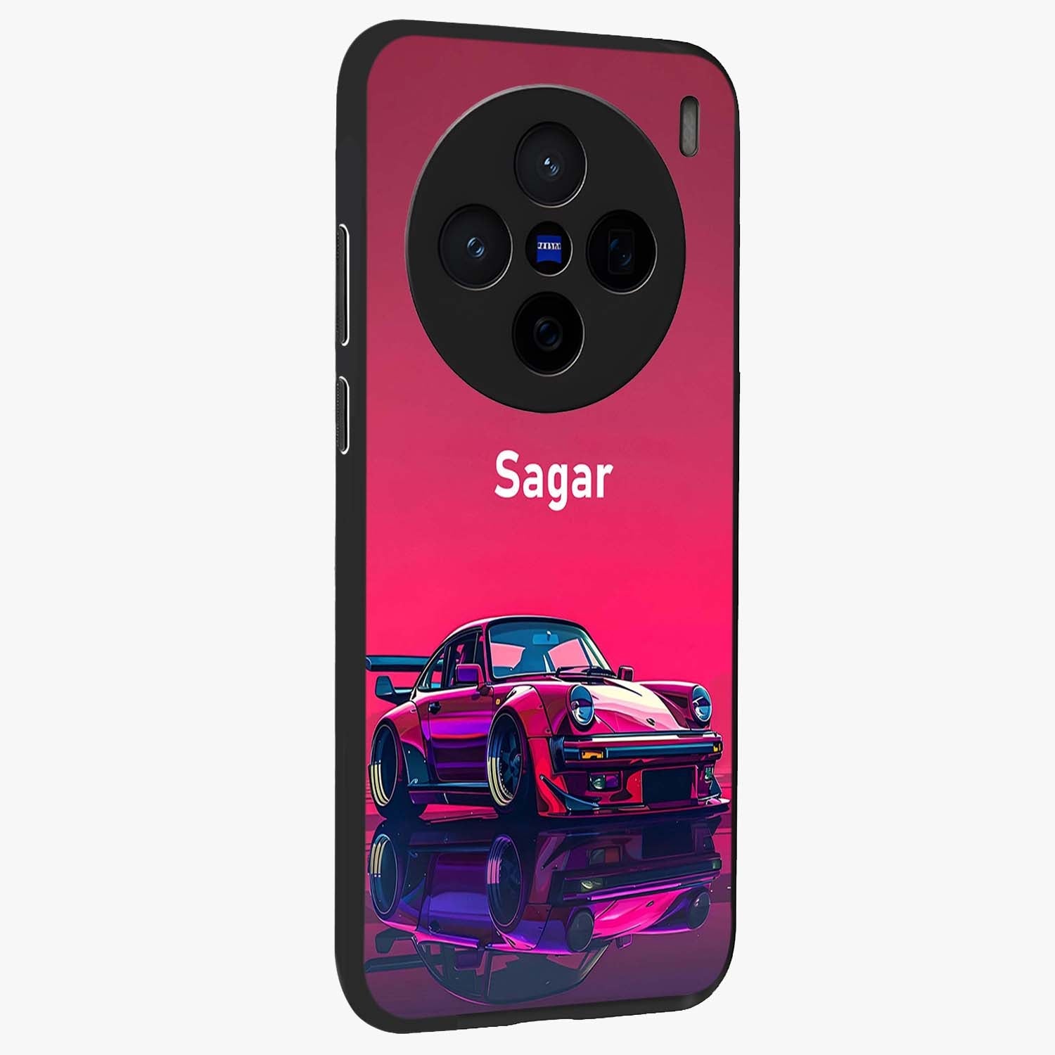 Neon Pink Porsche Glass Case upright view showcasing vibrant sports car artwork with bold automotive theme.