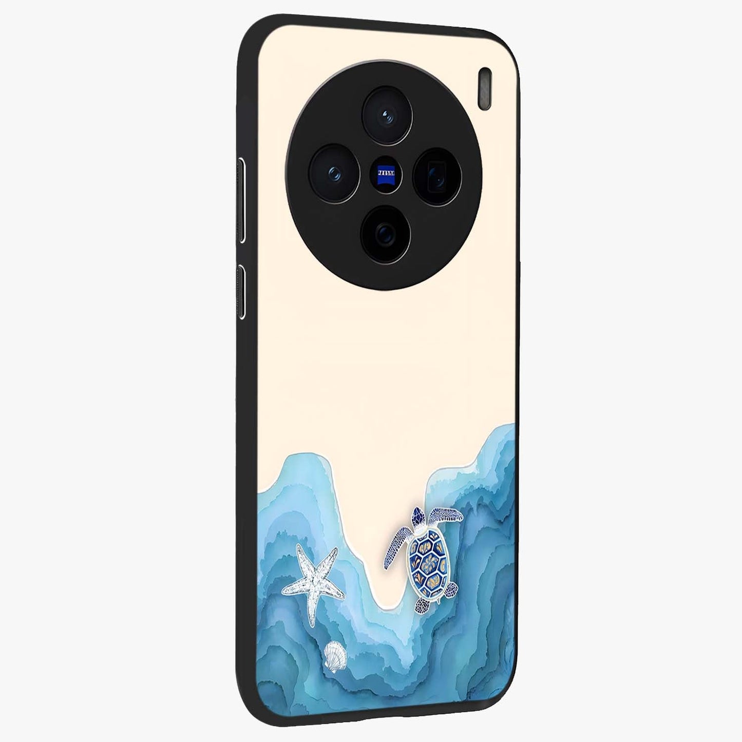 Ocean Drift Turtle Glass Case upright view showcasing calm underwater turtle artwork with nature inspired theme.