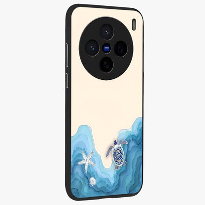 Ocean Drift Turtle Glass Case upright view showcasing calm underwater turtle artwork with nature inspired theme.