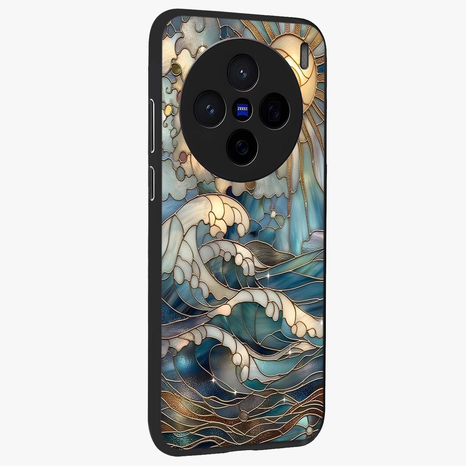Oceanic Stained Printed Glass Case upright view showcasing decorative ocean pattern artwork with vibrant marine theme.