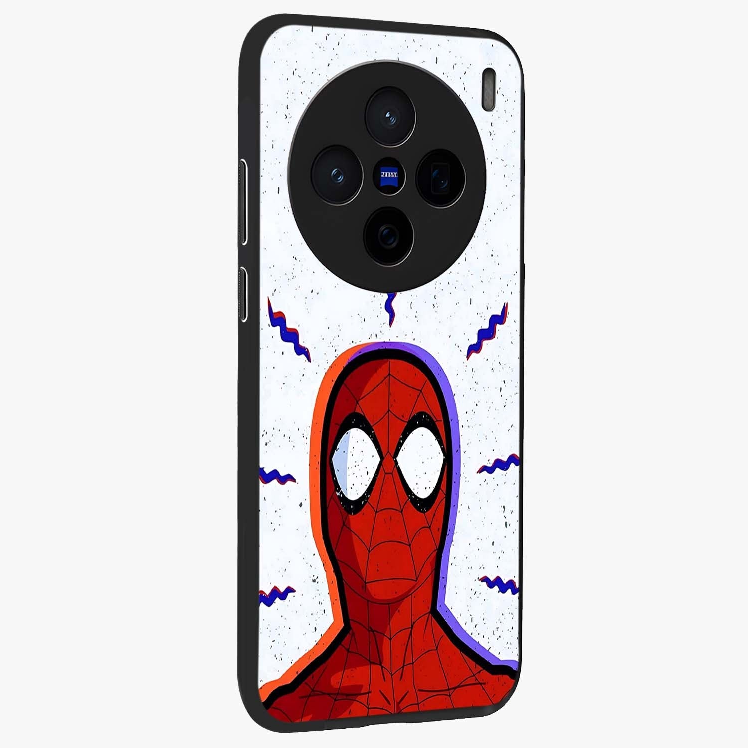 Omg Spiderman Glass Case upright view showcasing energetic superhero artwork with vibrant comic theme.