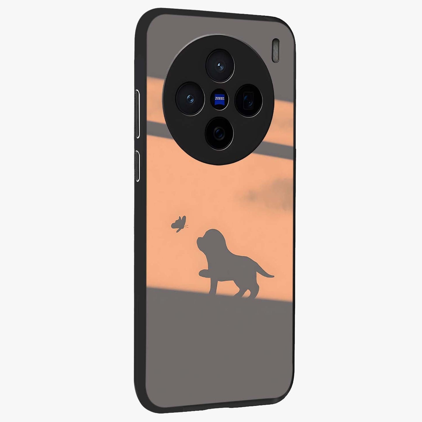 Puppy Shadow Art Glass Case upright view showcasing charming puppy artwork with creative silhouette theme.