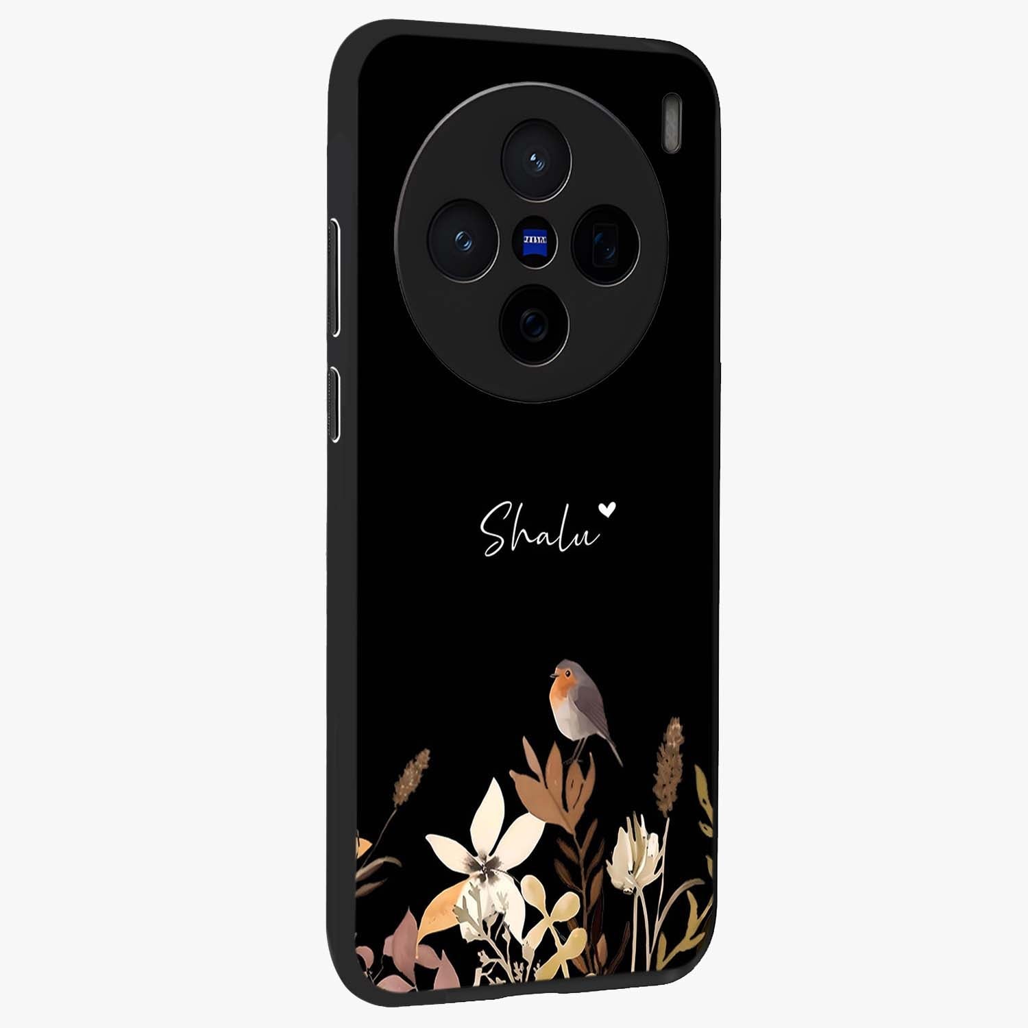 Quiet Garden Tune Custom Name Glass Case upright view showcasing serene botanical artwork with personalized aesthetic.