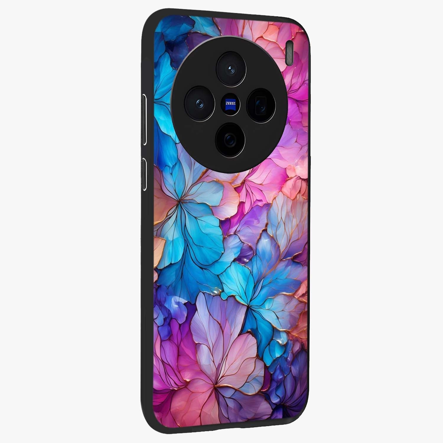 Radiant Floral Whirl Glass Case upright view showcasing lively floral artwork with decorative swirl theme.