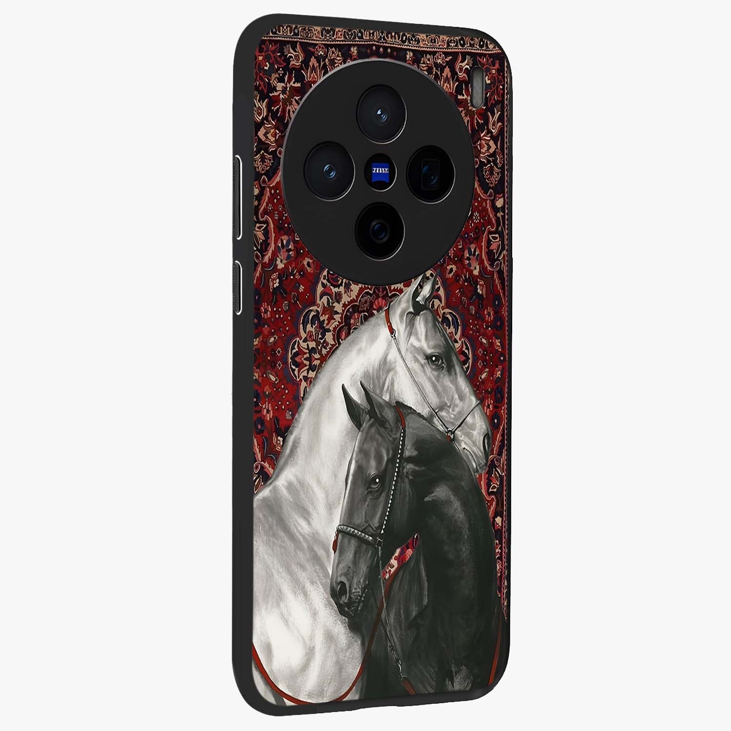 Regal Stallion Tapestry Glass Case upright view showcasing powerful horse artwork with elegant tapestry theme.