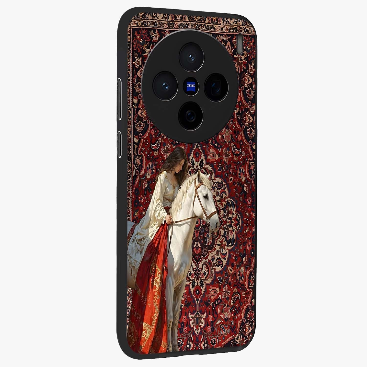 Royal Rider Tapestry Glass Case upright view showcasing detailed rider artwork with classic tapestry theme.