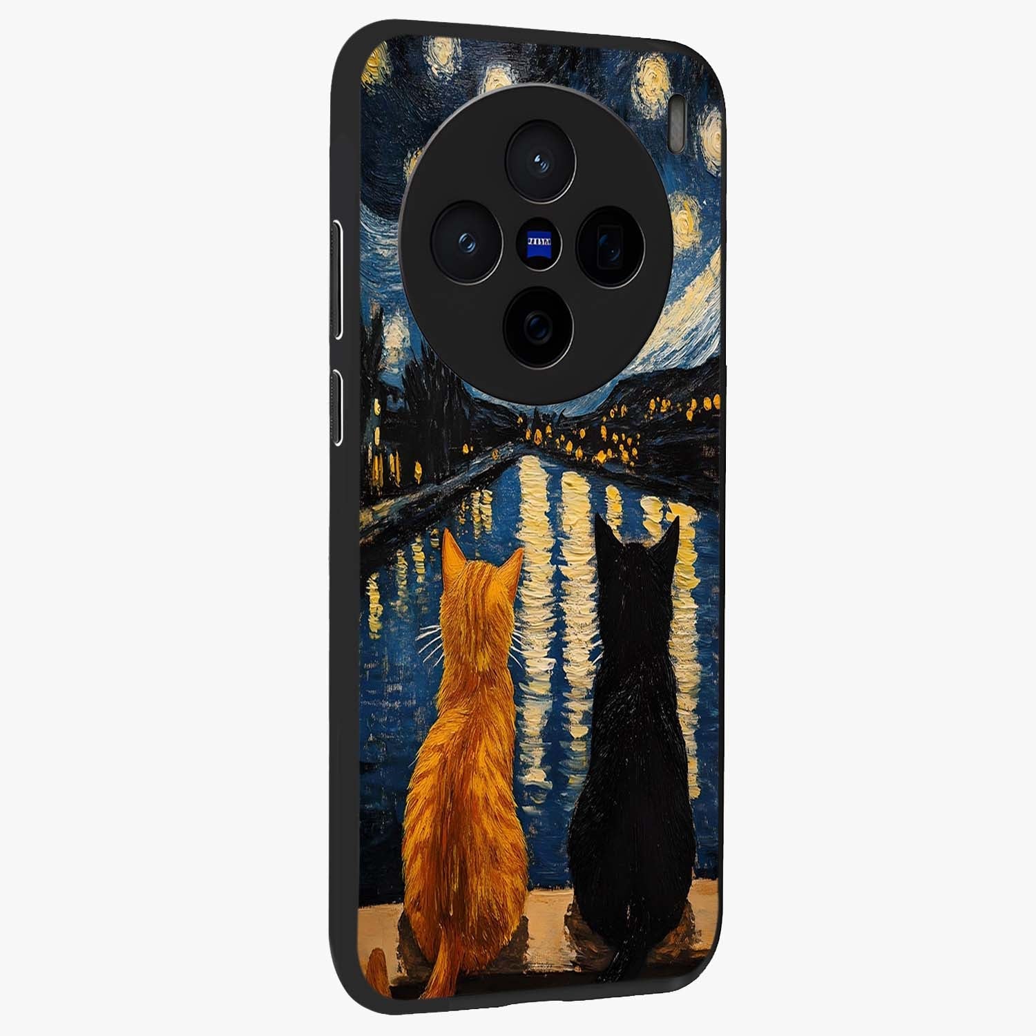Starry River Cats Glass Case upright view showcasing adorable cat artwork with magical river and stars theme.