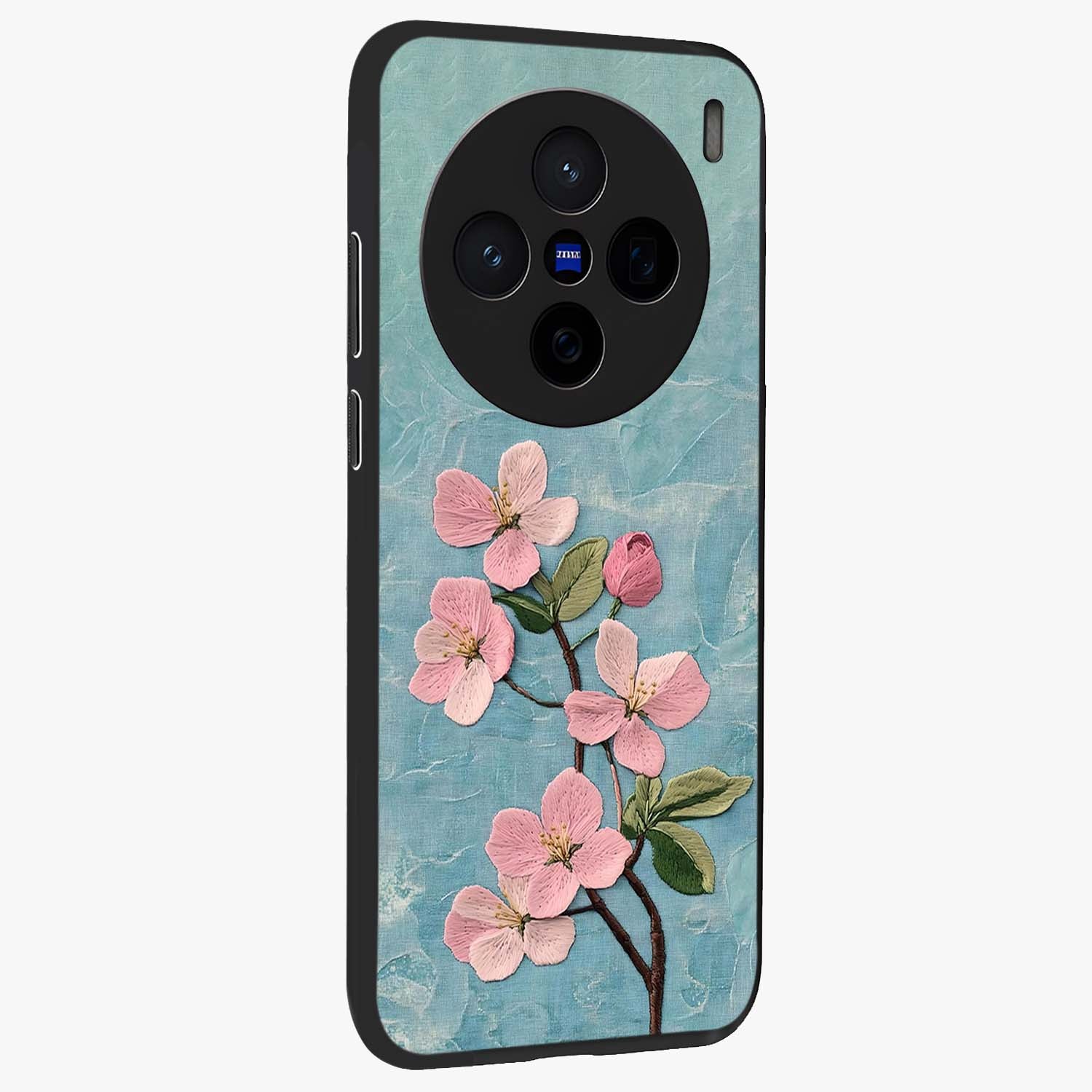 Threaded Blossom Breeze Glass Case upright view showcasing graceful flower artwork with calm botanical theme.