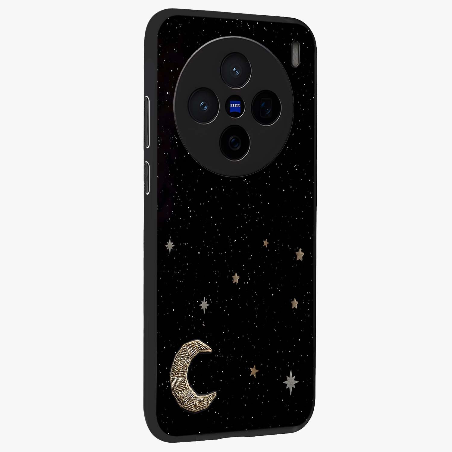 Twinkle Star With Half Moon Glass Case upright view showcasing glowing cosmic artwork with dreamy night theme.
