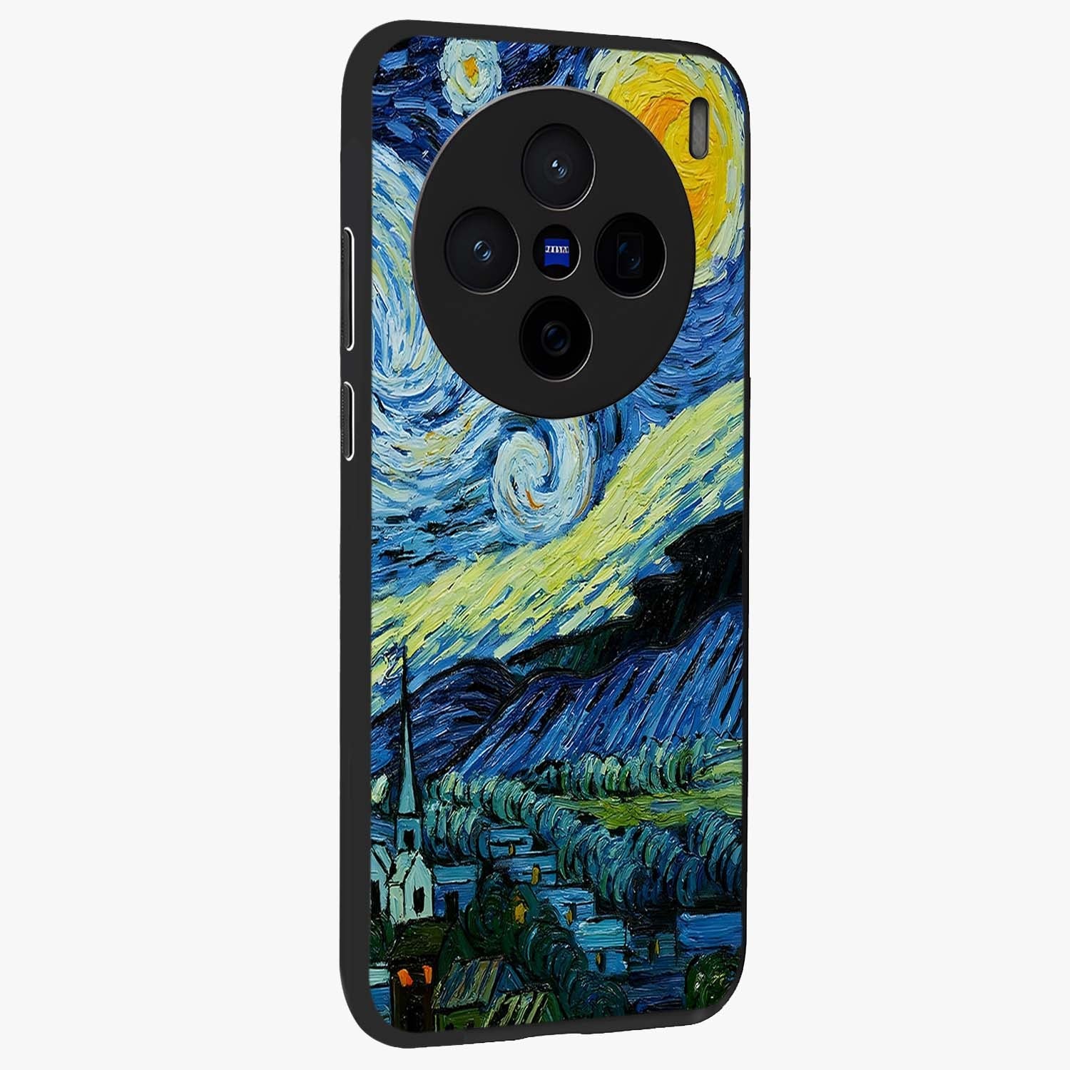 Van Gogh Art Glass Case upright view showcasing expressive painting style artwork with timeless artistic theme.