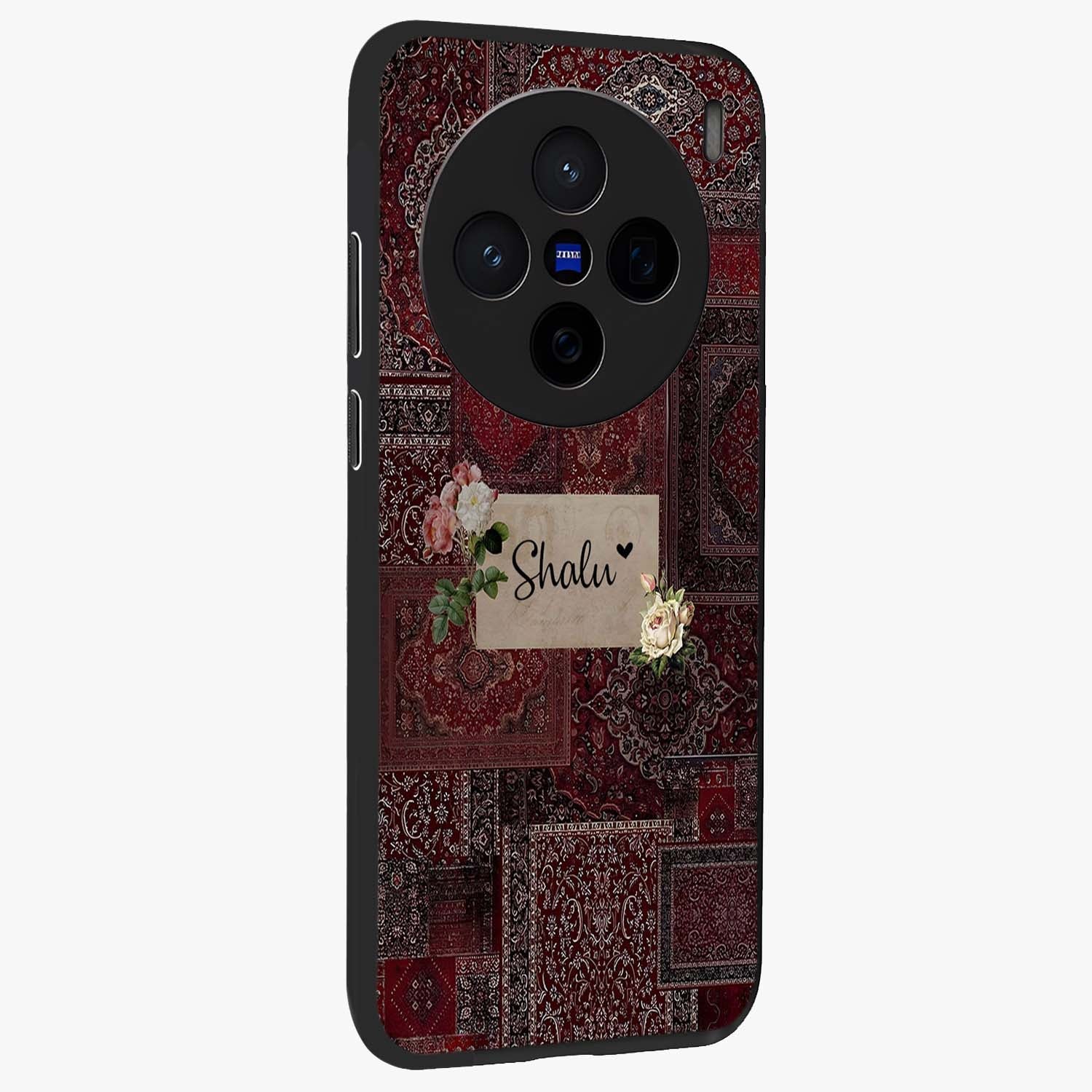 Velvet Wine Pattern Custom Name Glass Case upright view showcasing luxurious wine toned artwork with personalized aesthetic.