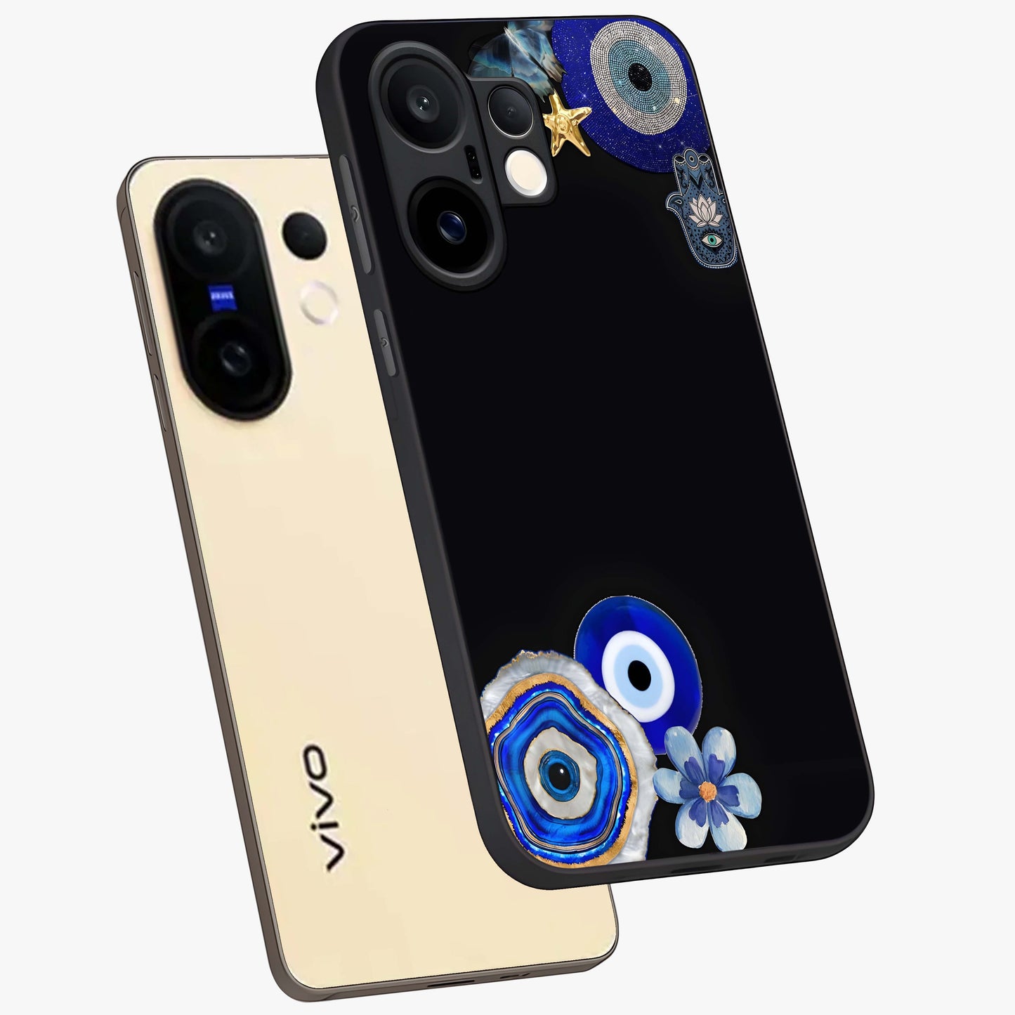 Aesthetic Blue Evil Eye Glass Case displayed in angled mockup highlighting blue evil eye symbol and spiritual aesthetic design.