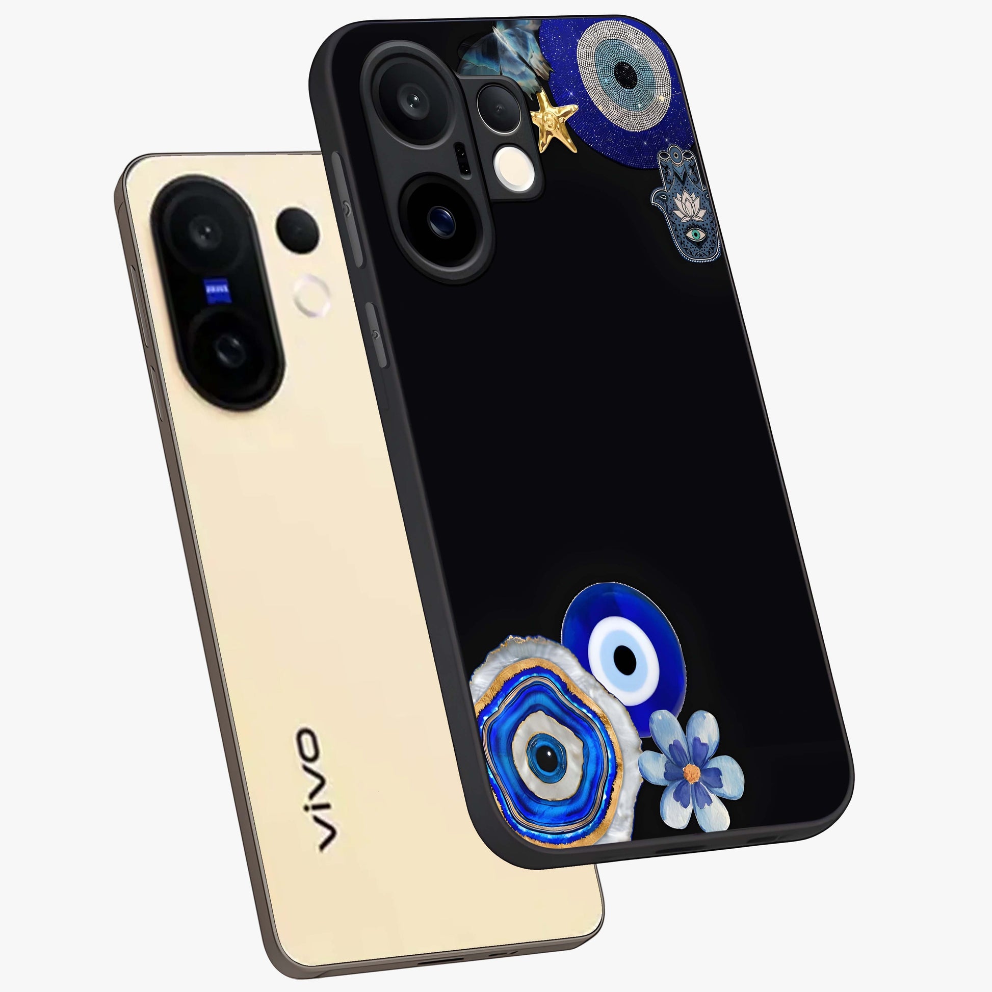 Aesthetic Blue Evil Eye Glass Case displayed in angled mockup highlighting blue evil eye symbol and spiritual aesthetic design.
