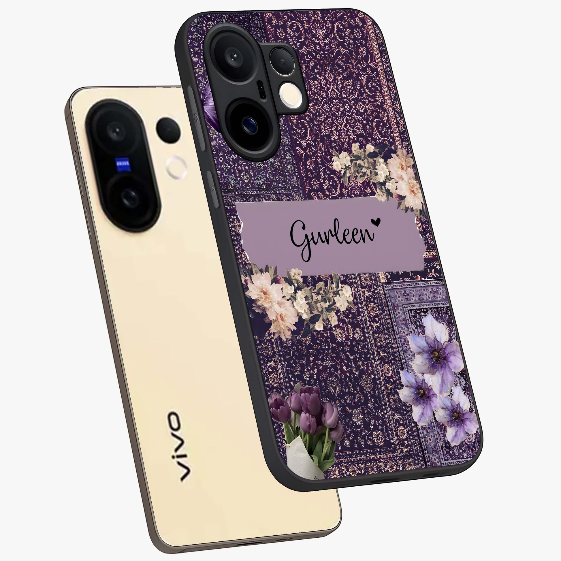 Antique Floral Whisper Custom Name Glass Case displayed in angled mockup highlighting elegant antique floral aesthetic.