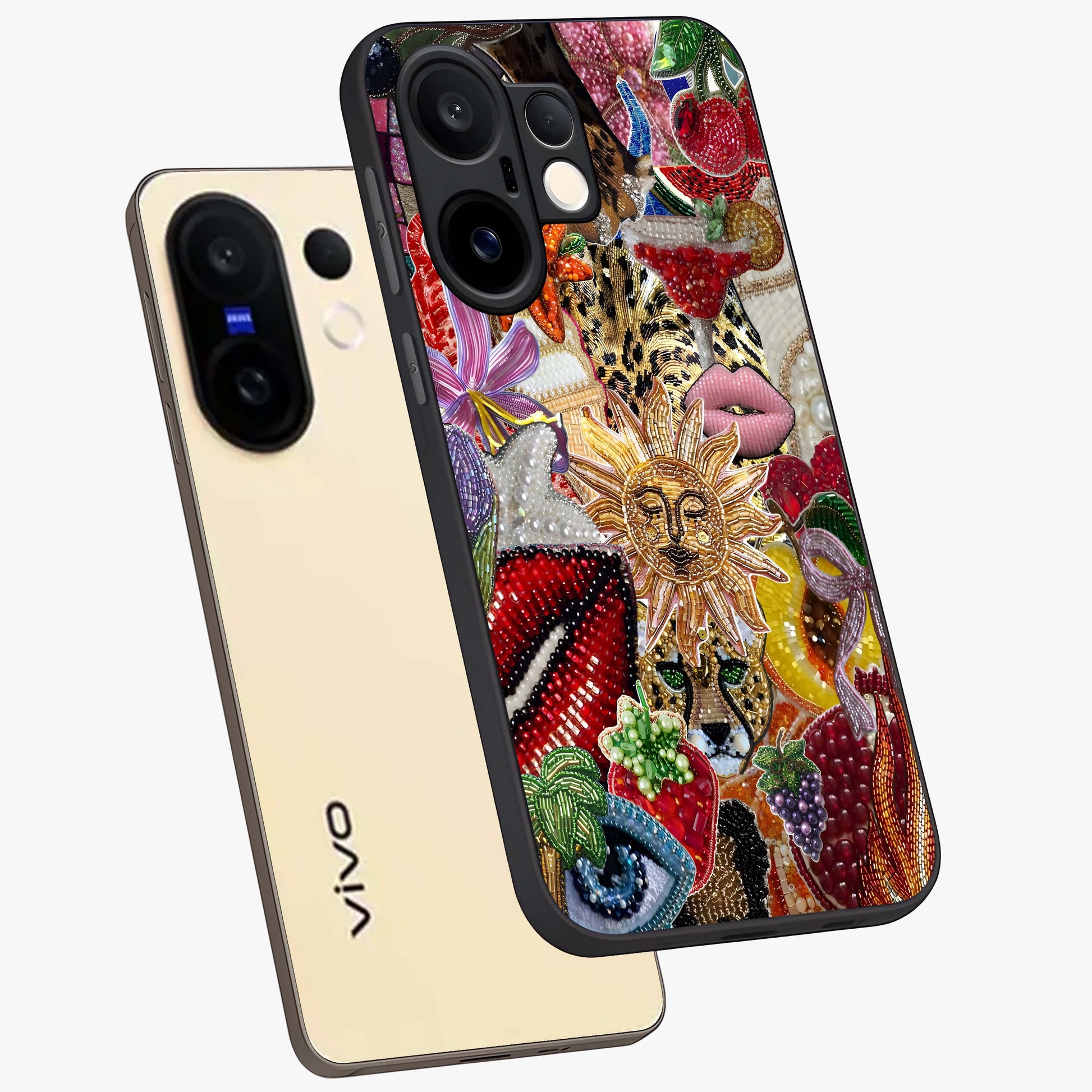 Beaded Fashion Jungle Glass Case displayed in angled mockup highlighting colorful fashion bead design and artistic pattern.