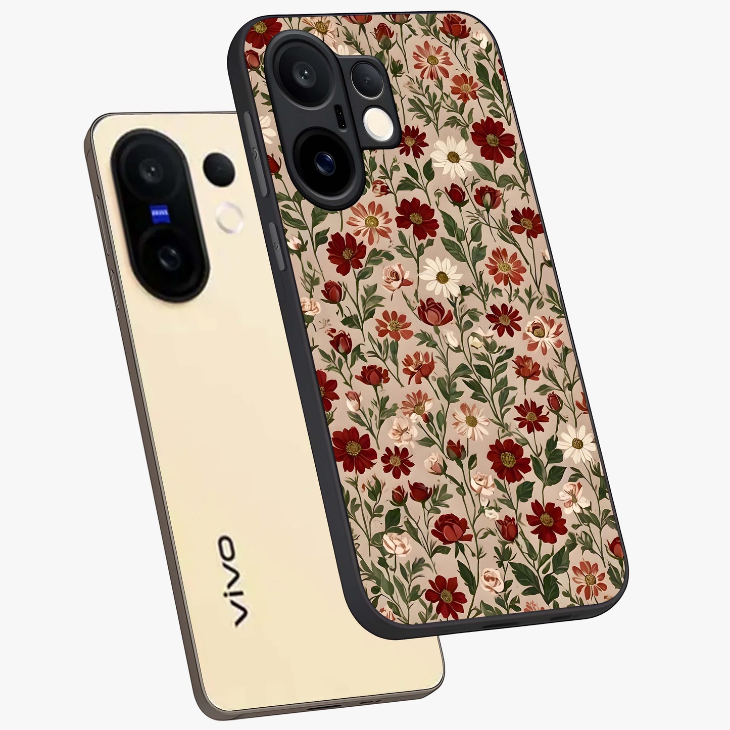 Biege Flower With Leaf Glass Case displayed in angled mockup highlighting minimal floral leaf design and elegant aesthetic.