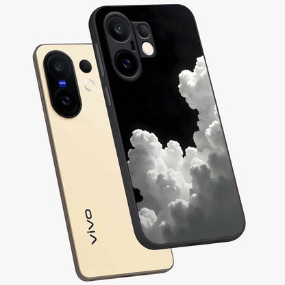 Black Background With White Cloud Glass Case displayed in angled mockup highlighting soft white cloud illustration and minimal design.