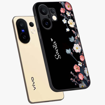 Black Elegance Floral Custom Name Glass Case displayed in angled mockup highlighting dark floral aesthetic and custom name feature.